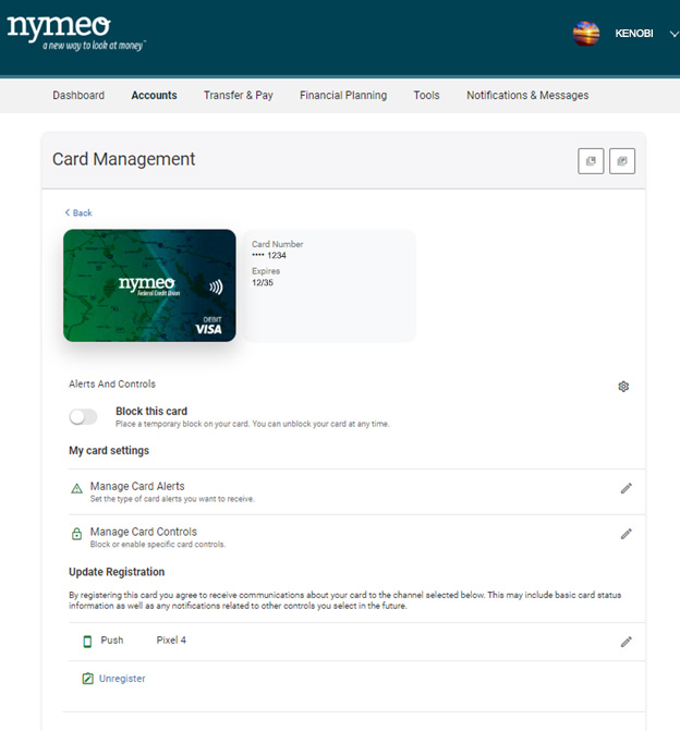 card management screen